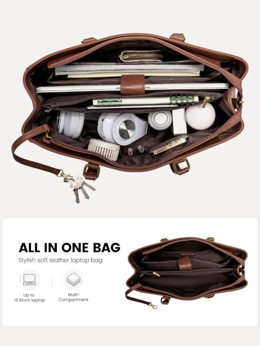 Stylish Vintage Leather Laptop Tote Bag for Women, 15.6 Inch Waterproof Work Bag